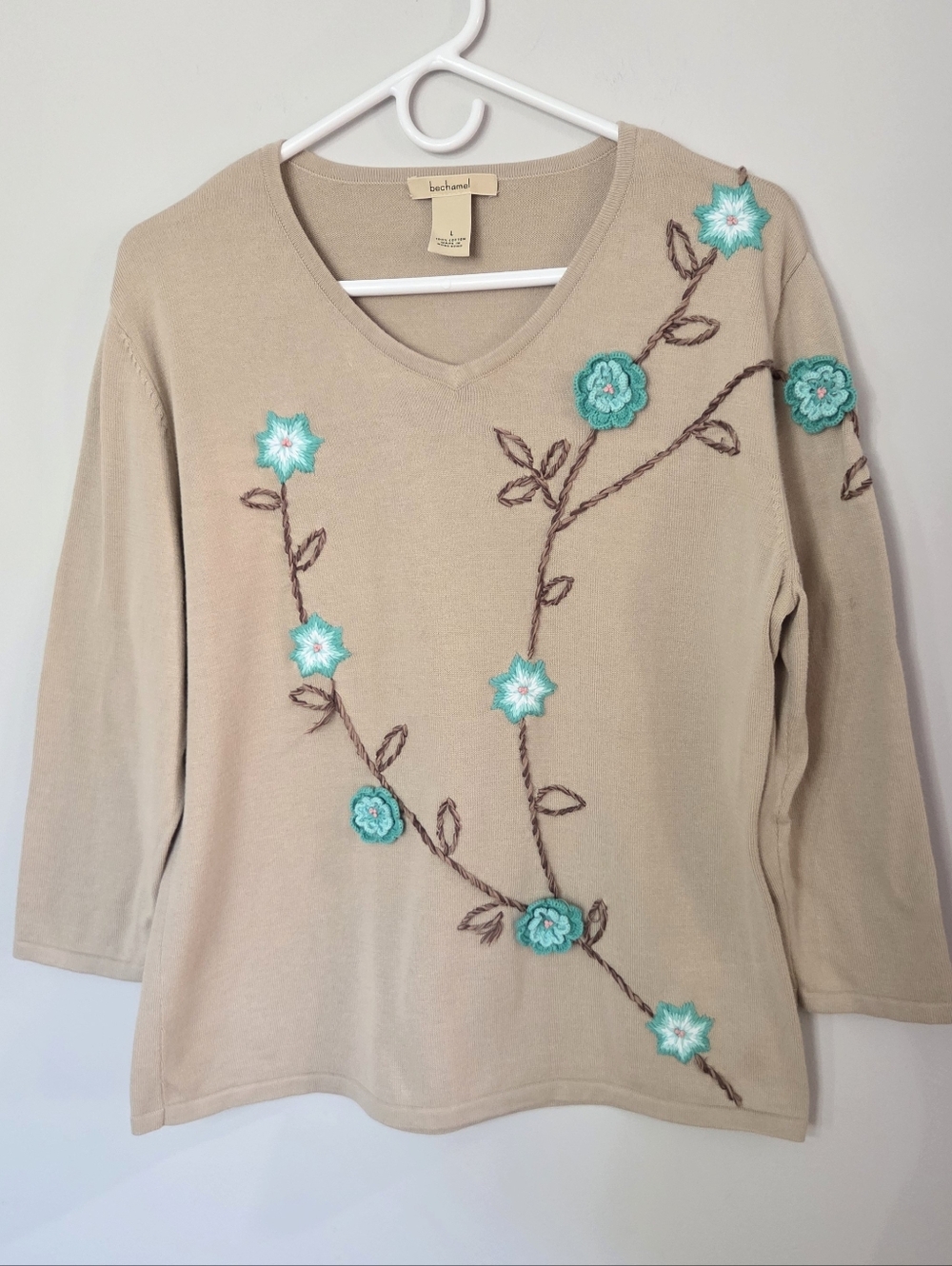 Bechamel Women's 100% Cotton Sweatet with Teal Floral Embroidery